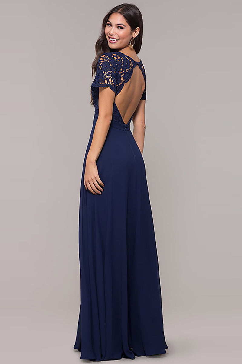 Navy Chiffon Dress Scallop Lace Back Detail Cassiopeiacanada 3824